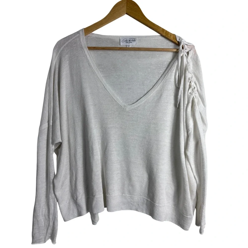 Feel The Piece Terre Jacobs White Linen Lace Up Shoulder V-Neck Sweater OS artsy